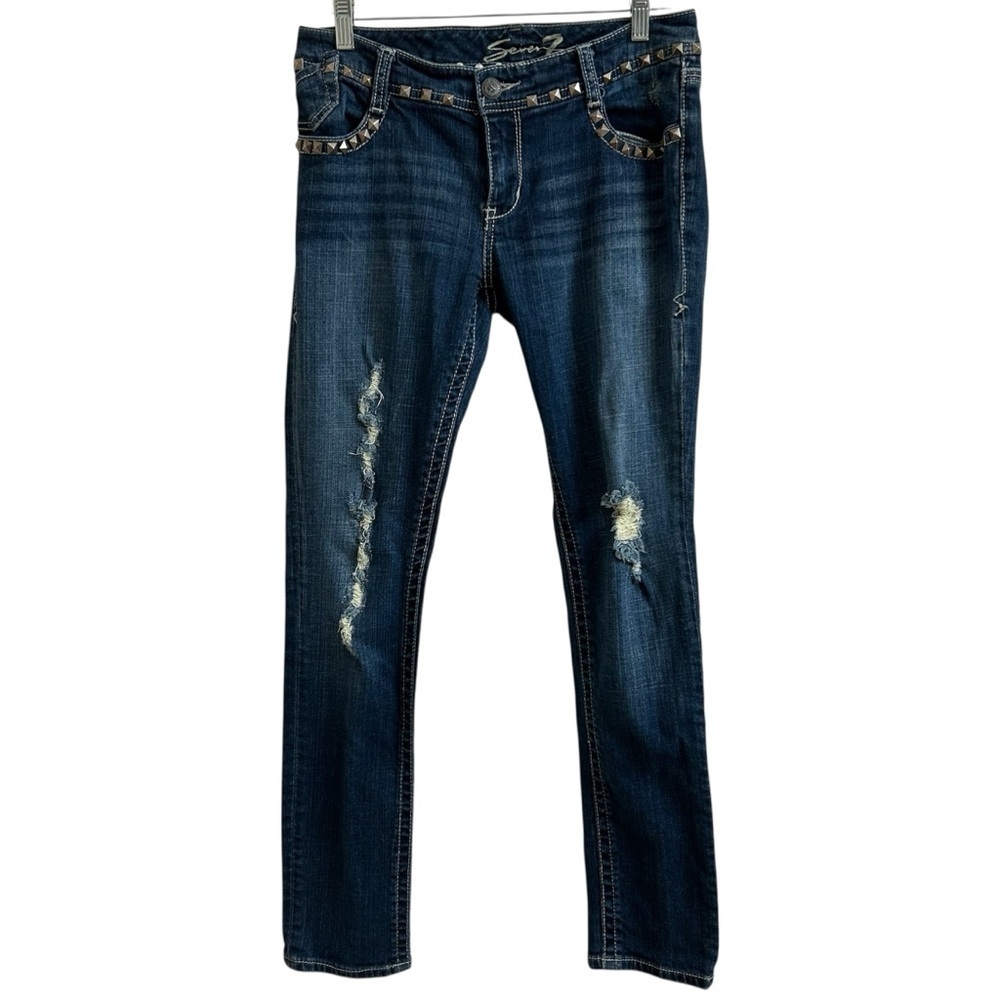 Seven 7 Jeans Women's Size 29 Straight Leg Distressed Studded Denim Med Wash